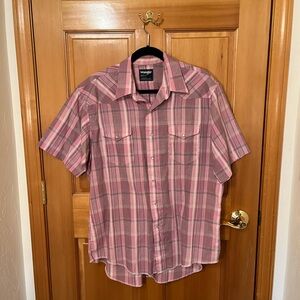 Vintage Wrangler Men's Pink Plaid Shirt, large